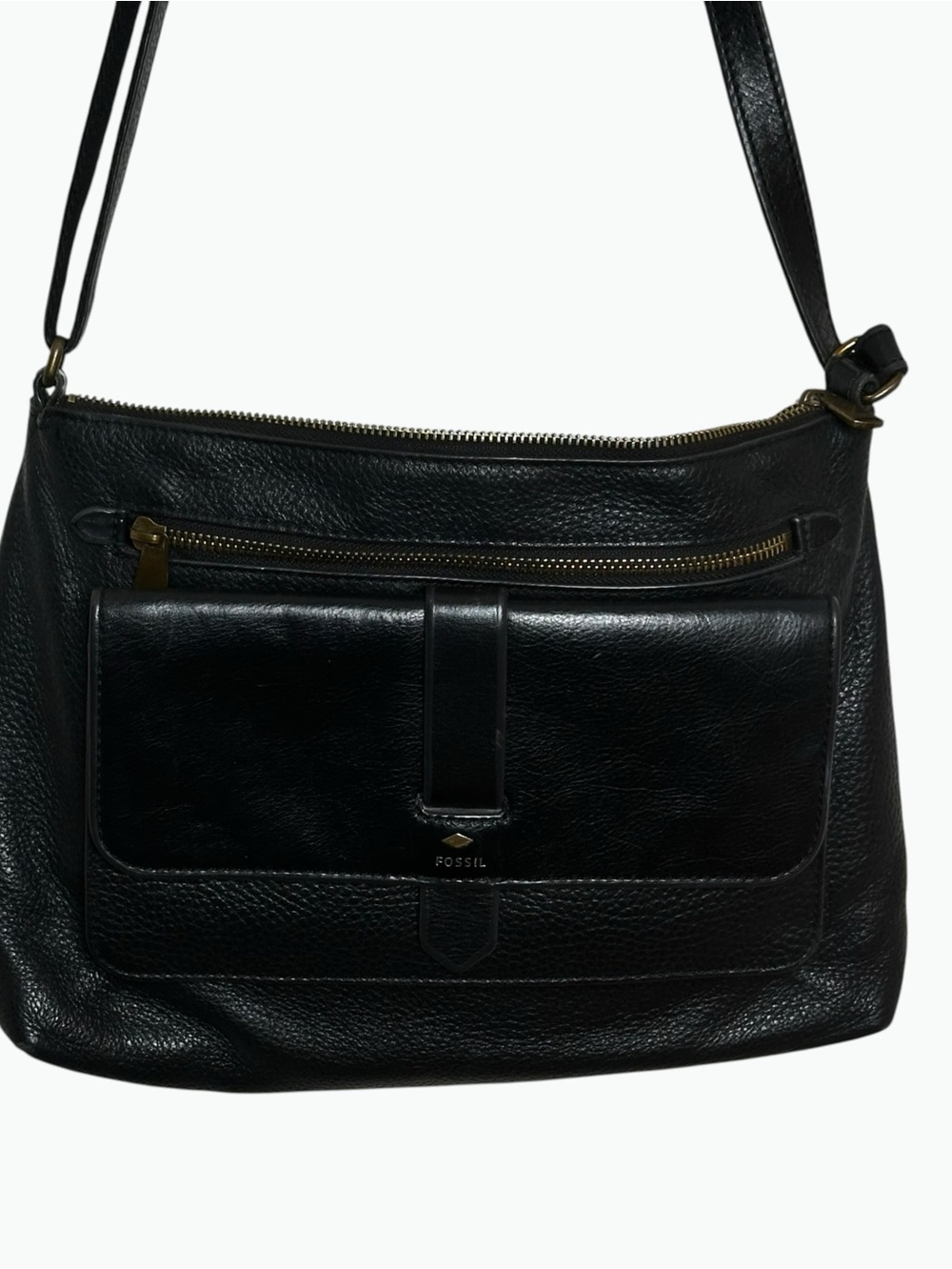 Fossil Kinley Black Pebbled Leather Crossbody Bag Shoulder Purse Brass Hardware